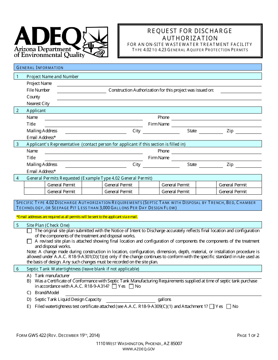 ADEQ Form GWS422 Request for Discharge Authorization for an on-Site Wastewater Treatment Facility - Type 4.02 to 4.23 General Aquifer Protection Permits - Arizona, Page 1