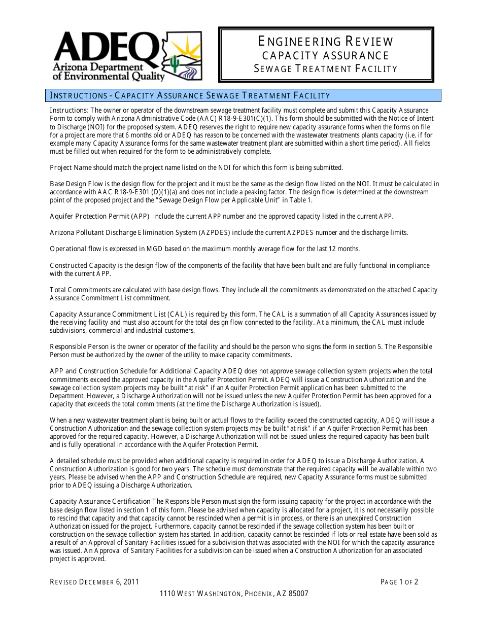Engineering Review - Capacity Assurance - Sewage Treatment Facility - Arizona, Page 1