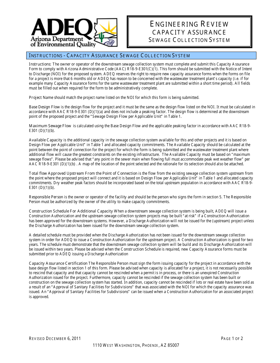 Engineering Review - Capacity Assurance - Sewage Collection System - Arizona, Page 1