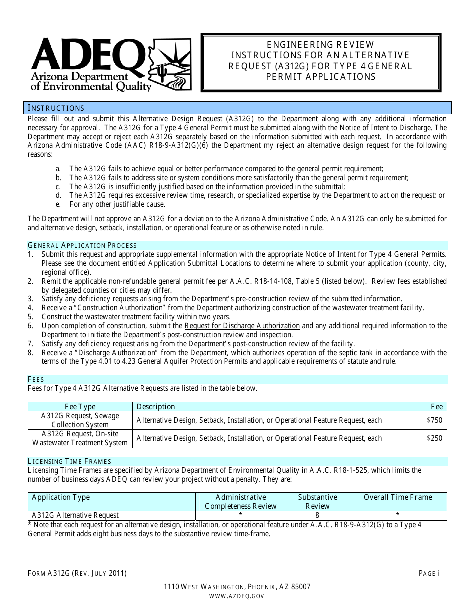 ADEQ Form GWS402 Engineering Review - Alternative Design Request (A312g) for Type 4 General Permit Applications - Arizona, Page 1