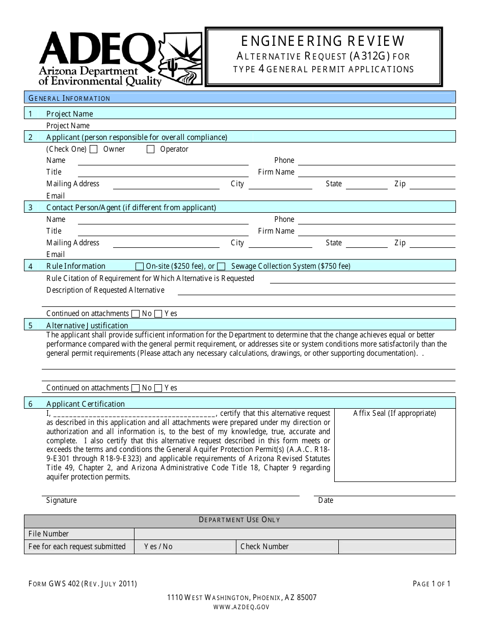 ADEQ Form GWS402 Engineering Review - Alternative Design Request (A312g) for Type 4 General Permit Applications - Arizona, Page 2