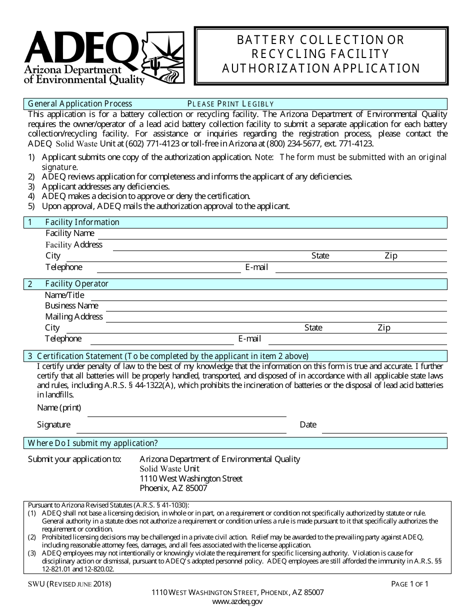 ADEQ Form SWU Battery Collection or Recycling Facility Authorization Application - Arizona, Page 1