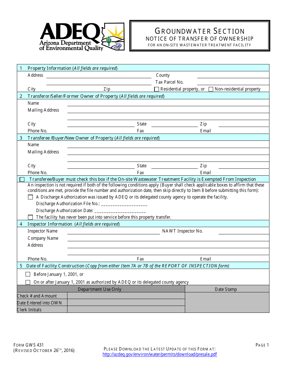 ADEQ Form GWS431 Groundwater Section - Notice of Transfer of Ownership for an on-Site Wastewater Treatment Facility - Arizona, Page 4