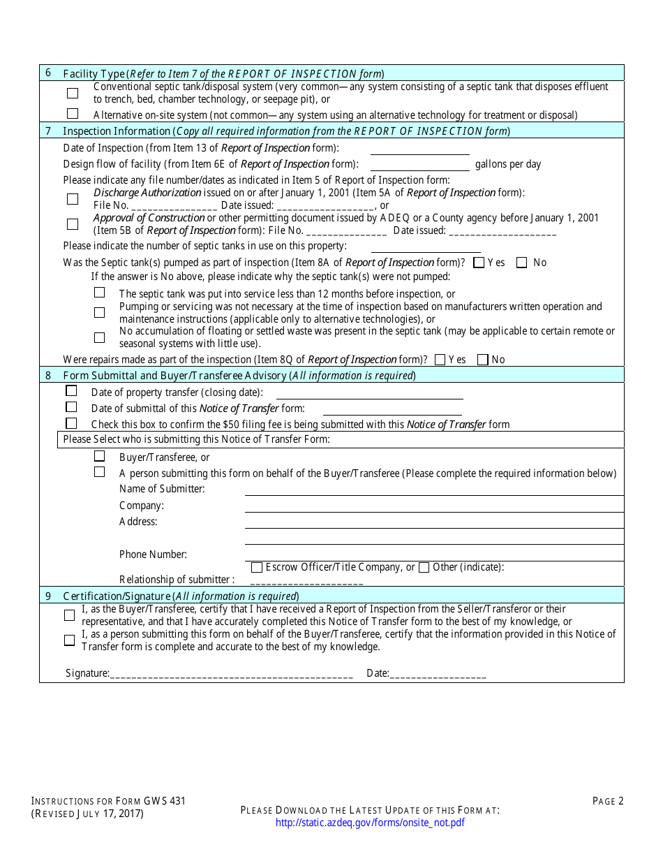 ADEQ Form GWS431 Groundwater Section - Notice of Transfer of Ownership for an on-Site Wastewater Treatment Facility - Arizona, Page 5