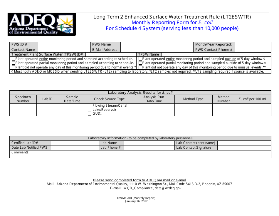 ADEQ Form DWAR20B Long Term 2 Enhanced Surface Water Treatment Rule - Monthly Reporting Form for E. Coli for Schedule 4 System (Serving Less Than 10,000 People) - Arizona, Page 1