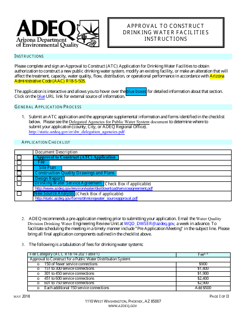Approval to Construct Drinking Water Facilities Application Form - Arizona Download Pdf