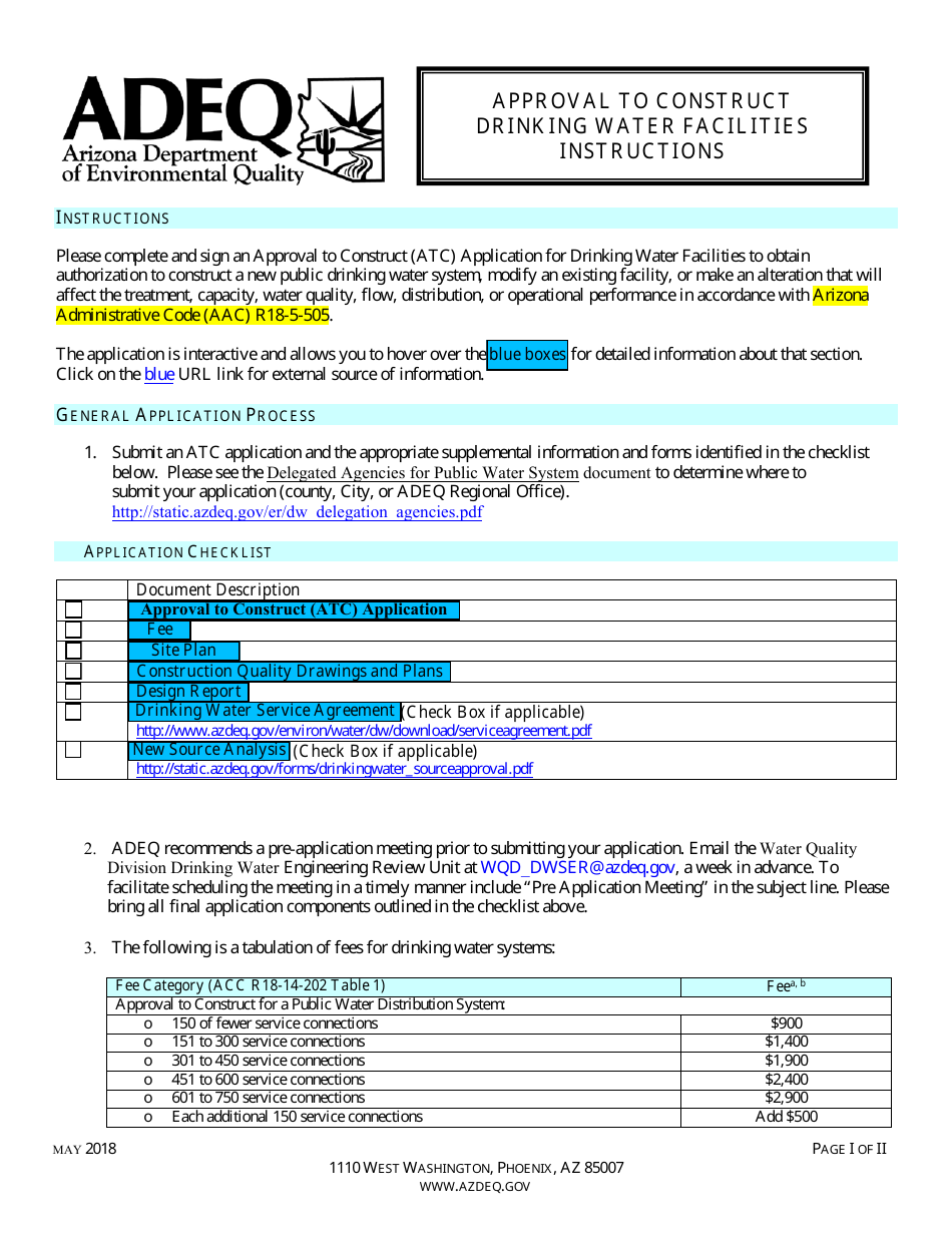 Approval to Construct Drinking Water Facilities Application Form - Arizona, Page 1