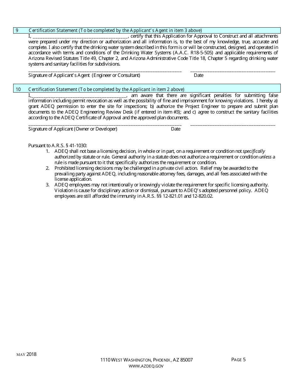 Approval to Construct Drinking Water Facilities Application Form - Arizona, Page 7