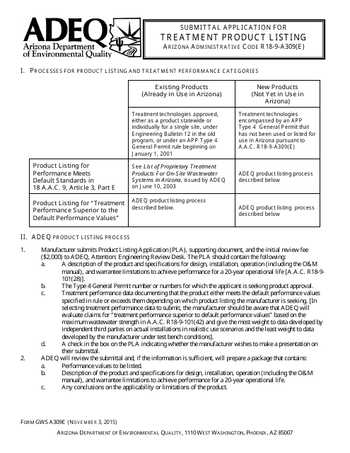 ADEQ Form GWSA309E Submittal Application for Treatment Product Listing - Arizona