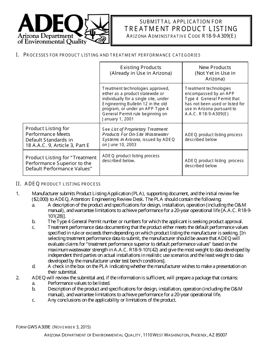 ADEQ Form GWSA309E Submittal Application for Treatment Product Listing - Arizona, Page 1