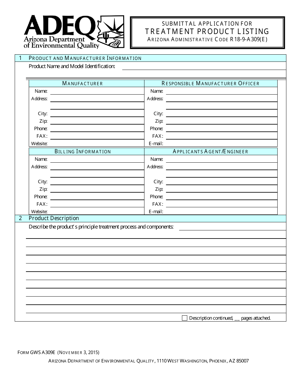 ADEQ Form GWSA309E Submittal Application for Treatment Product Listing - Arizona, Page 2