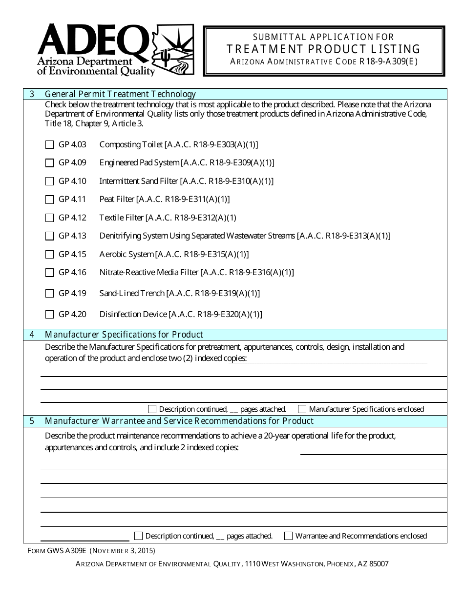 ADEQ Form GWSA309E Submittal Application for Treatment Product Listing - Arizona, Page 3