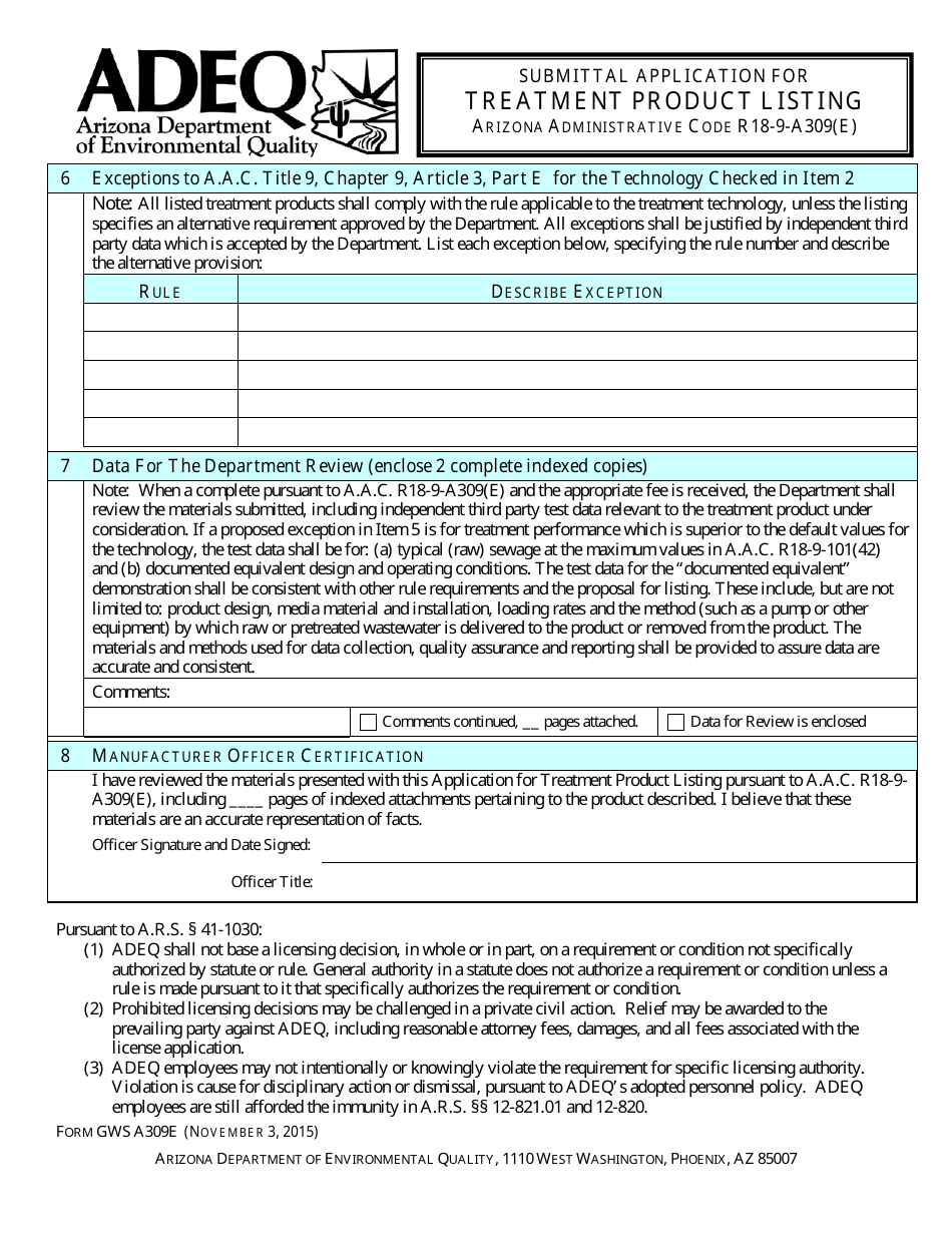 ADEQ Form GWSA309E Submittal Application for Treatment Product Listing - Arizona, Page 4