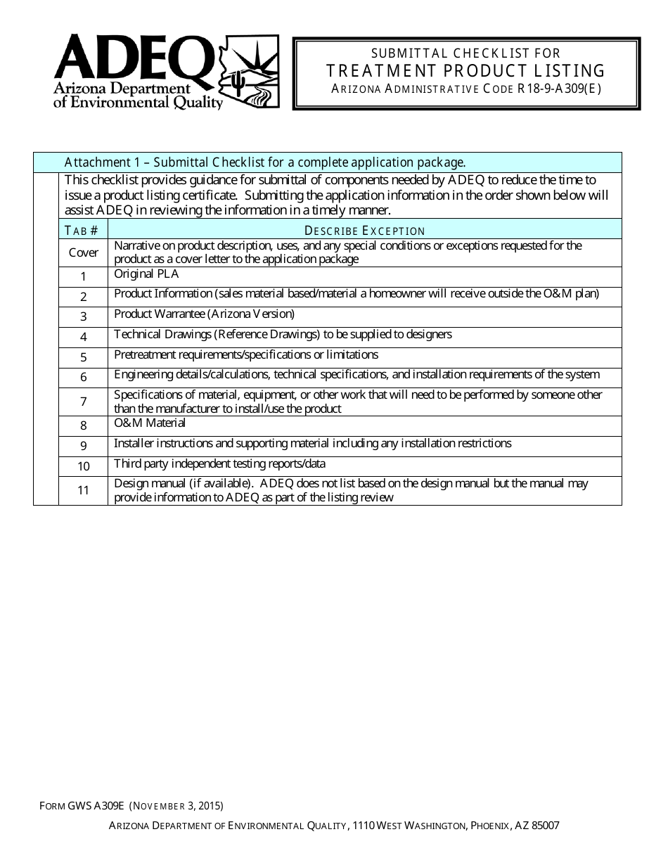 ADEQ Form GWSA309E Submittal Application for Treatment Product Listing - Arizona, Page 5