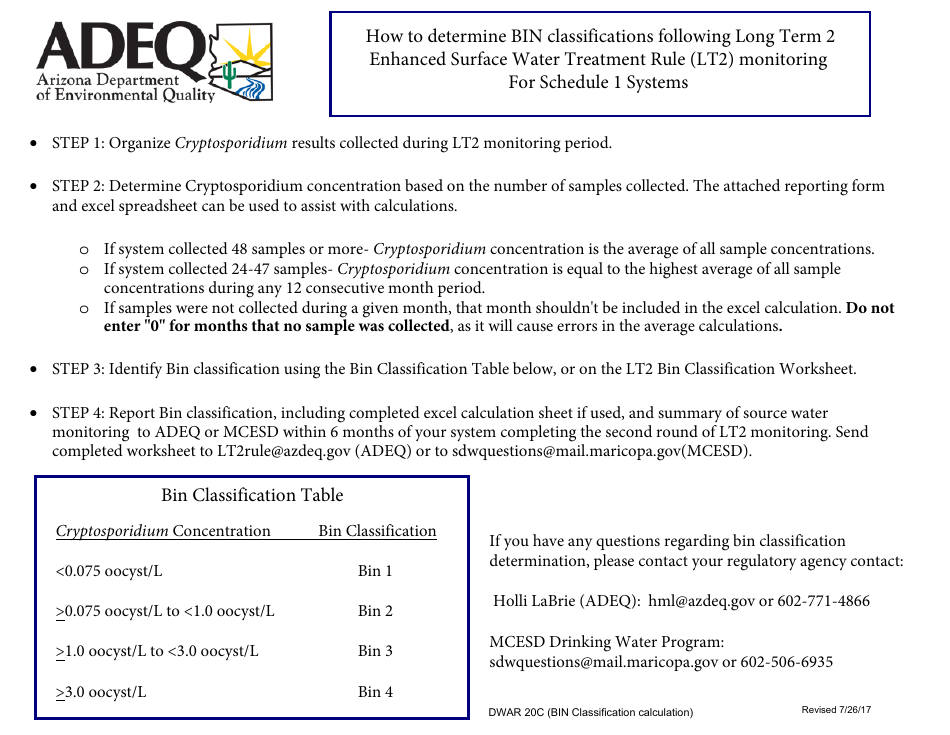ADEQ Form DWAR20C Lt2 Bin Classification Worksheet for Schedule 1 Systems - Arizona, Page 1
