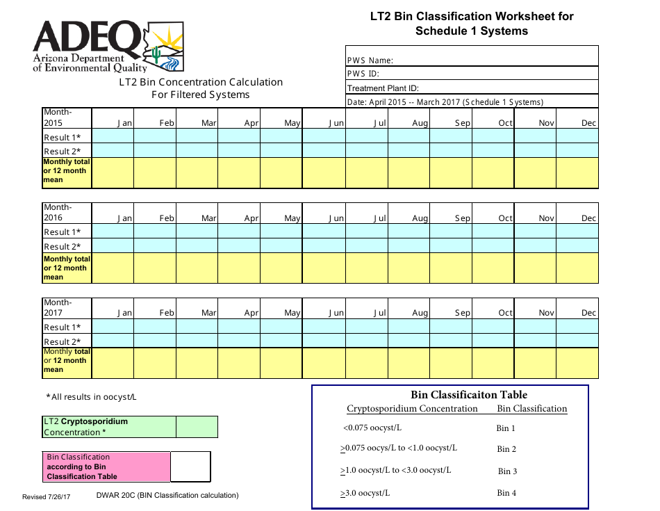 ADEQ Form DWAR20C Lt2 Bin Classification Worksheet for Schedule 1 Systems - Arizona, Page 2