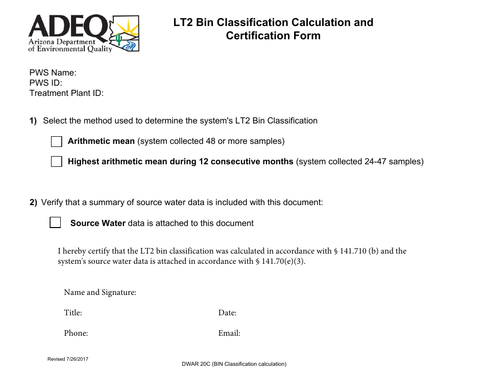 ADEQ Form DWAR20C Lt2 Bin Classification Worksheet for Schedule 1 Systems - Arizona, Page 3
