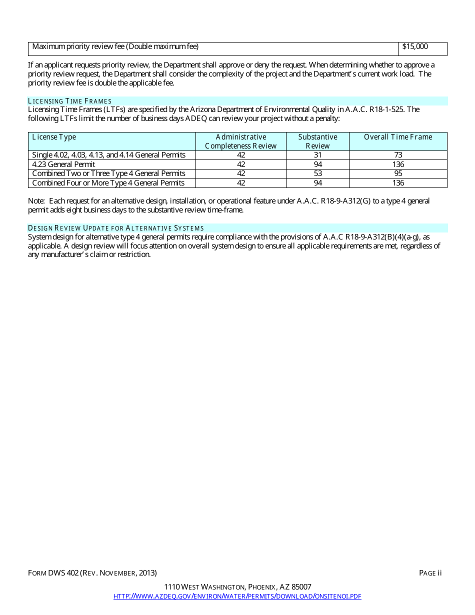 ADEQ Form GWS402 Engineering Review - Notice of Intent to Discharge on-Site Wastewater Treatment Facility Application - Arizona, Page 2