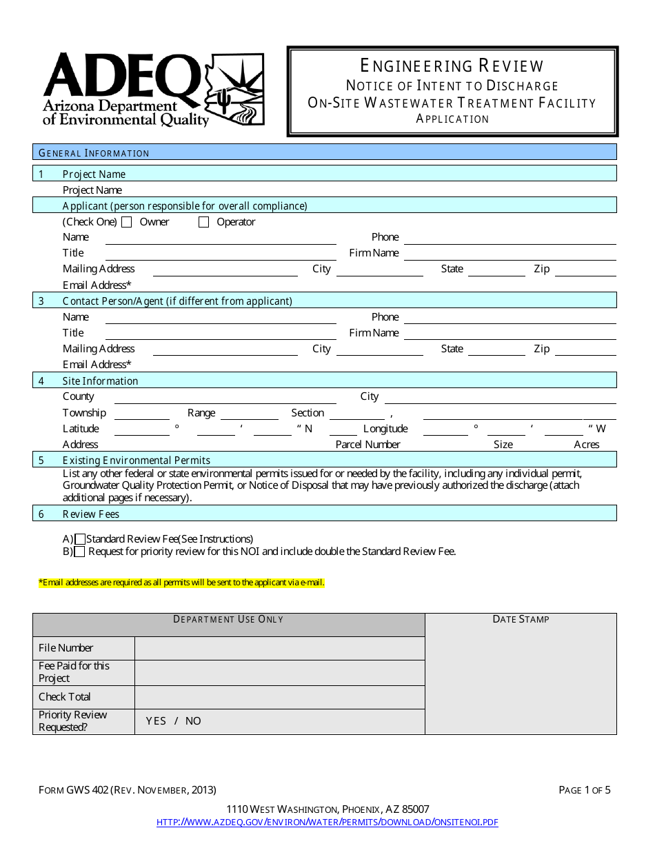 ADEQ Form GWS402 Engineering Review - Notice of Intent to Discharge on-Site Wastewater Treatment Facility Application - Arizona, Page 3