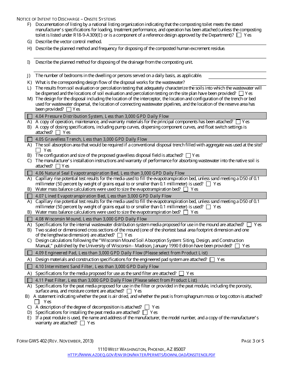 ADEQ Form GWS402 Engineering Review - Notice of Intent to Discharge on-Site Wastewater Treatment Facility Application - Arizona, Page 5
