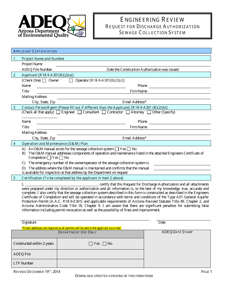 Engineering Review - Request for Discharge Authorization - Sewage Collection System - Arizona, Page 1