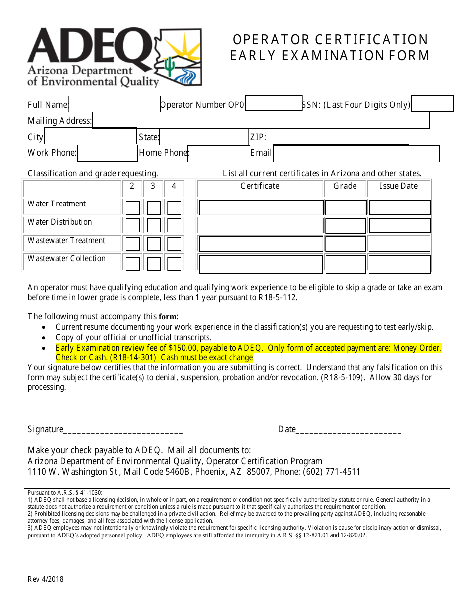 Operator Certification Early Examination Form - Arizona, Page 1