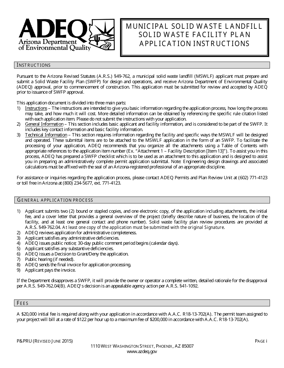 ADEQ Form PPRU Municipal Solid Waste Landfill Solid Waste Facility Plan Application - Arizona, Page 1