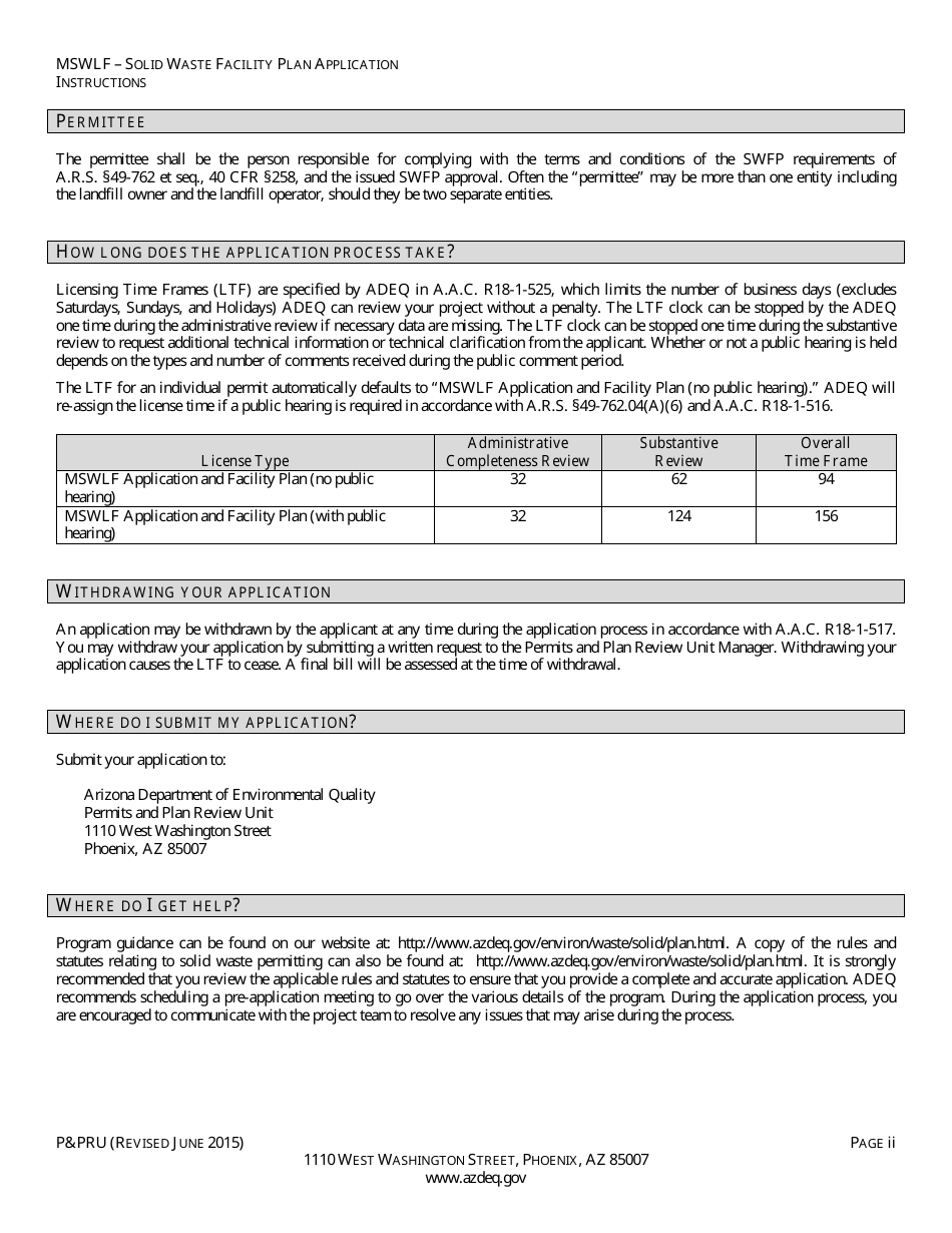 ADEQ Form PPRU Municipal Solid Waste Landfill Solid Waste Facility Plan Application - Arizona, Page 2