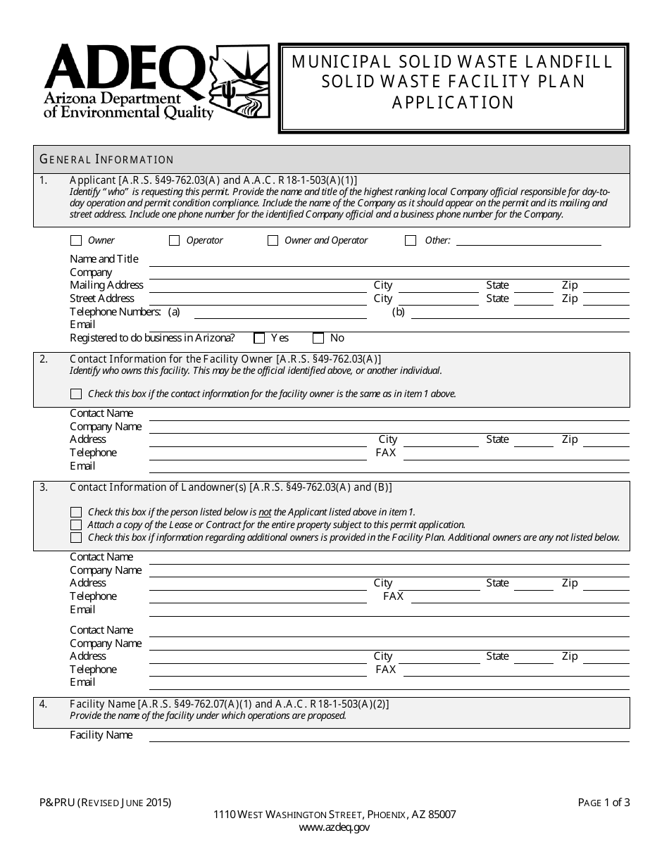 ADEQ Form PPRU Municipal Solid Waste Landfill Solid Waste Facility Plan Application - Arizona, Page 3