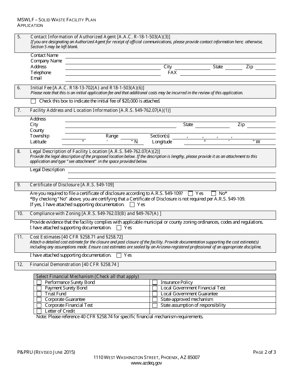 ADEQ Form PPRU Municipal Solid Waste Landfill Solid Waste Facility Plan Application - Arizona, Page 4