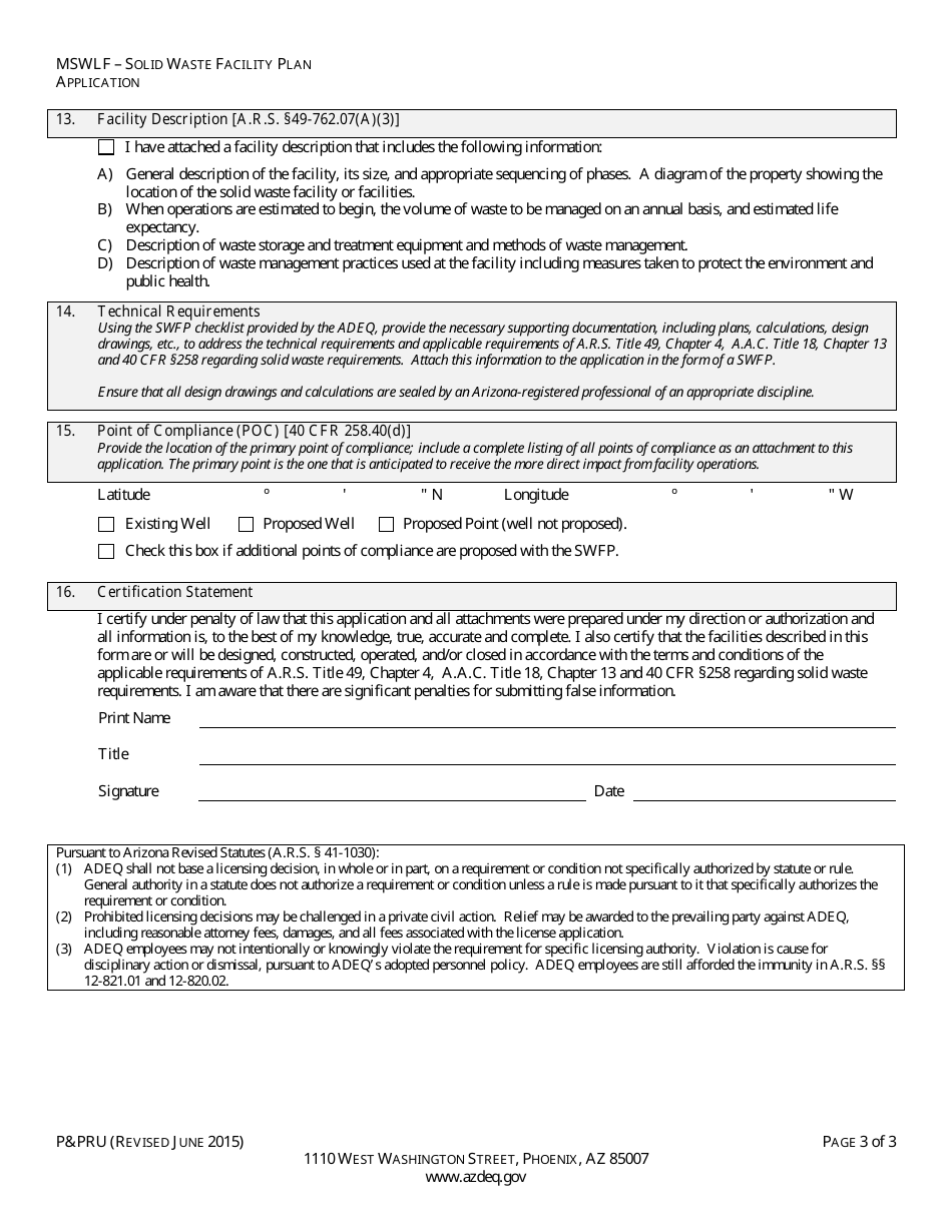 ADEQ Form PPRU Municipal Solid Waste Landfill Solid Waste Facility Plan Application - Arizona, Page 5