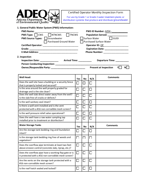 Certified Operator Monthly Inspection Form - Arizona Download Pdf