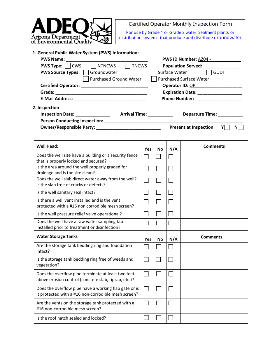 Certified Operator Monthly Inspection Form - Arizona, Page 1