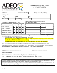 Document preview: Operator Certification Reciprocity Form - Arizona