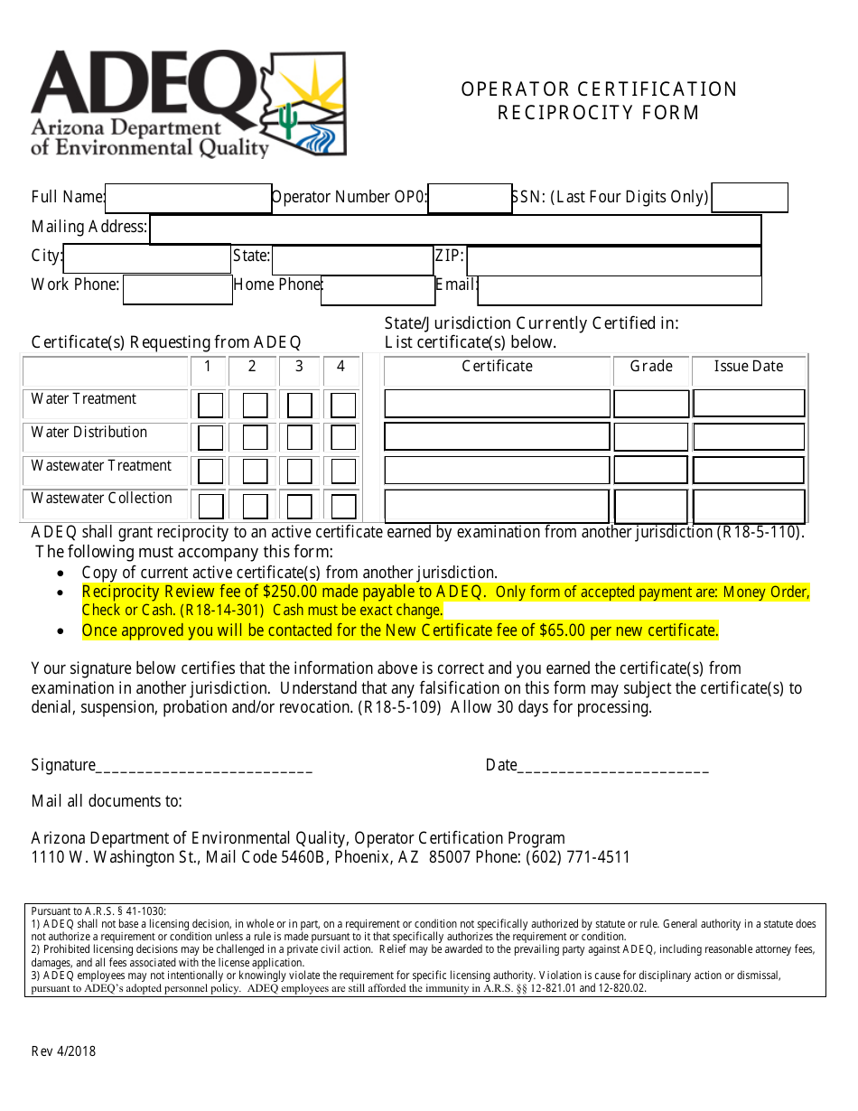 Operator Certification Reciprocity Form - Arizona, Page 1