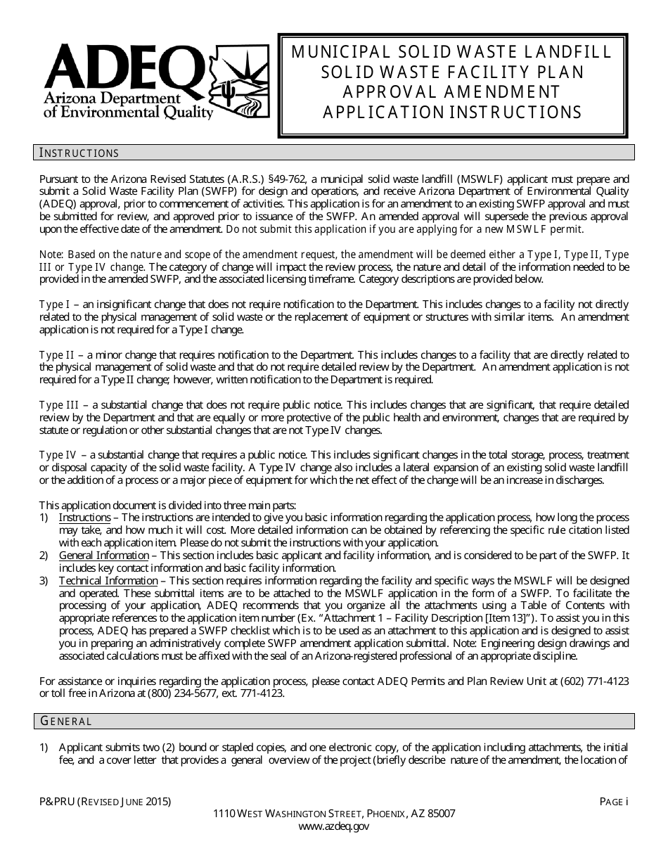 ADEQ Form PPRU Municipal Solid Waste Landfill Solid Waste Facility Plan Approval Amendment Application - Arizona, Page 1