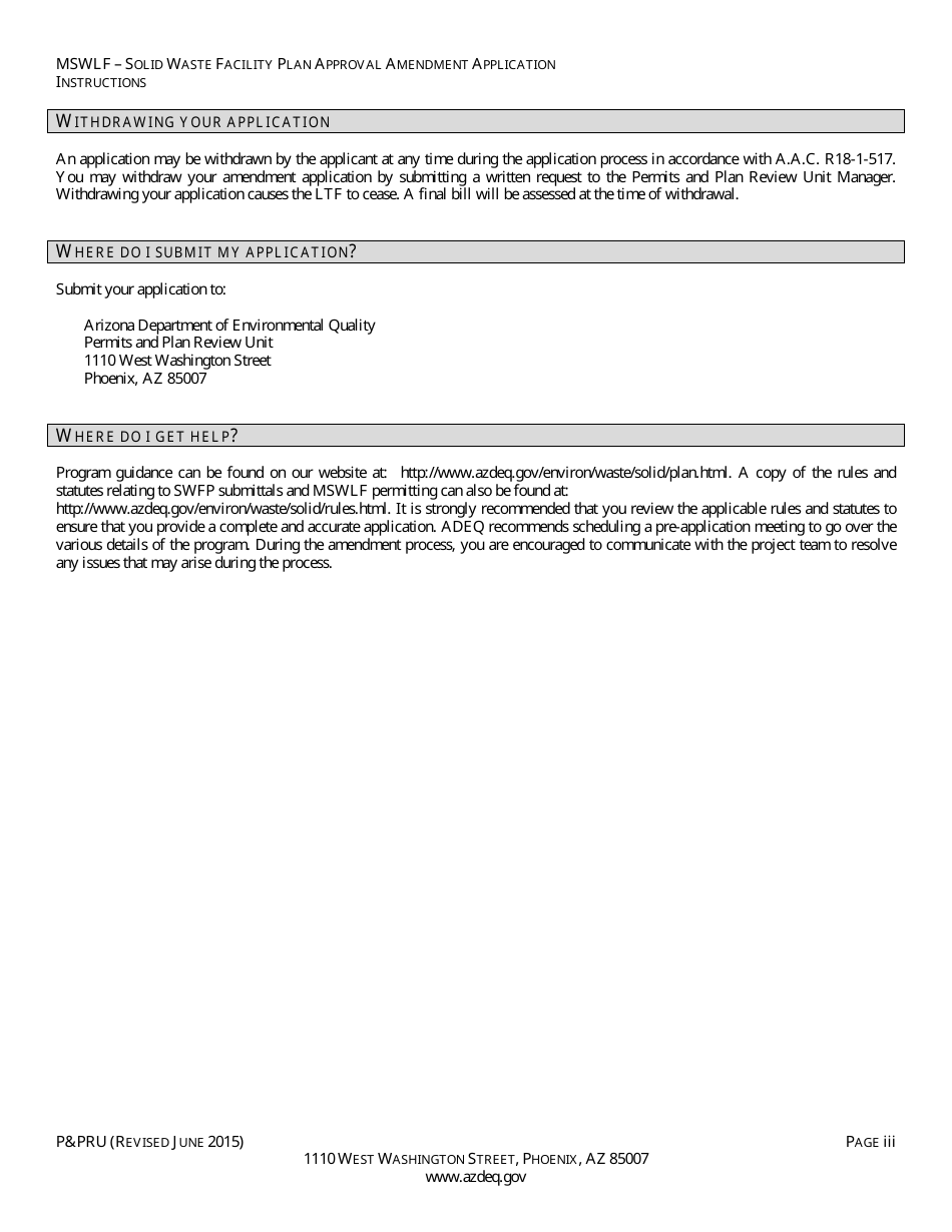 ADEQ Form PPRU Municipal Solid Waste Landfill Solid Waste Facility Plan Approval Amendment Application - Arizona, Page 3