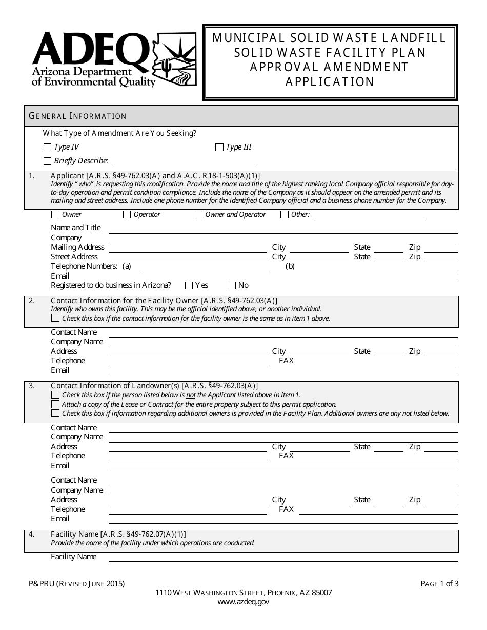 ADEQ Form PPRU Municipal Solid Waste Landfill Solid Waste Facility Plan Approval Amendment Application - Arizona, Page 4