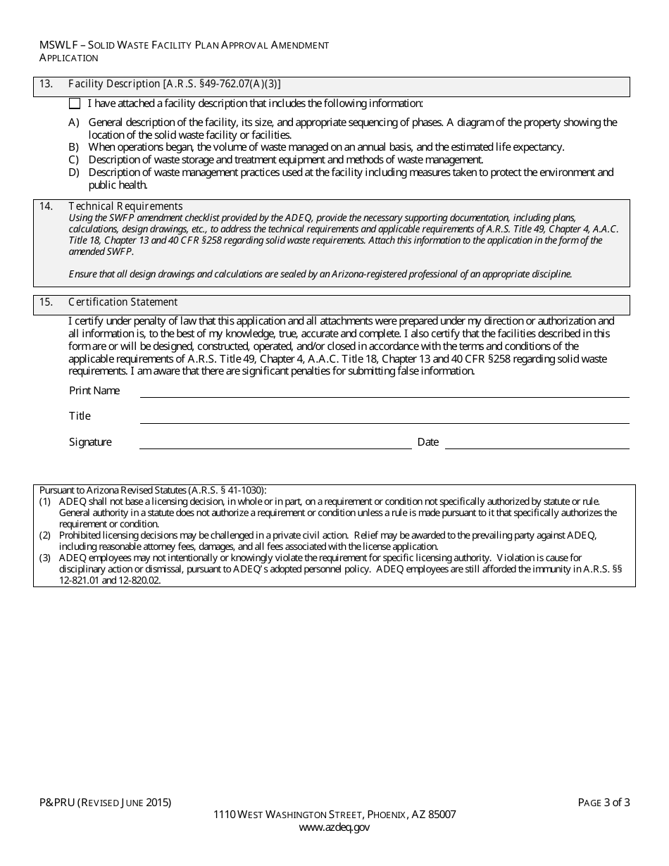 ADEQ Form PPRU Municipal Solid Waste Landfill Solid Waste Facility Plan Approval Amendment Application - Arizona, Page 6