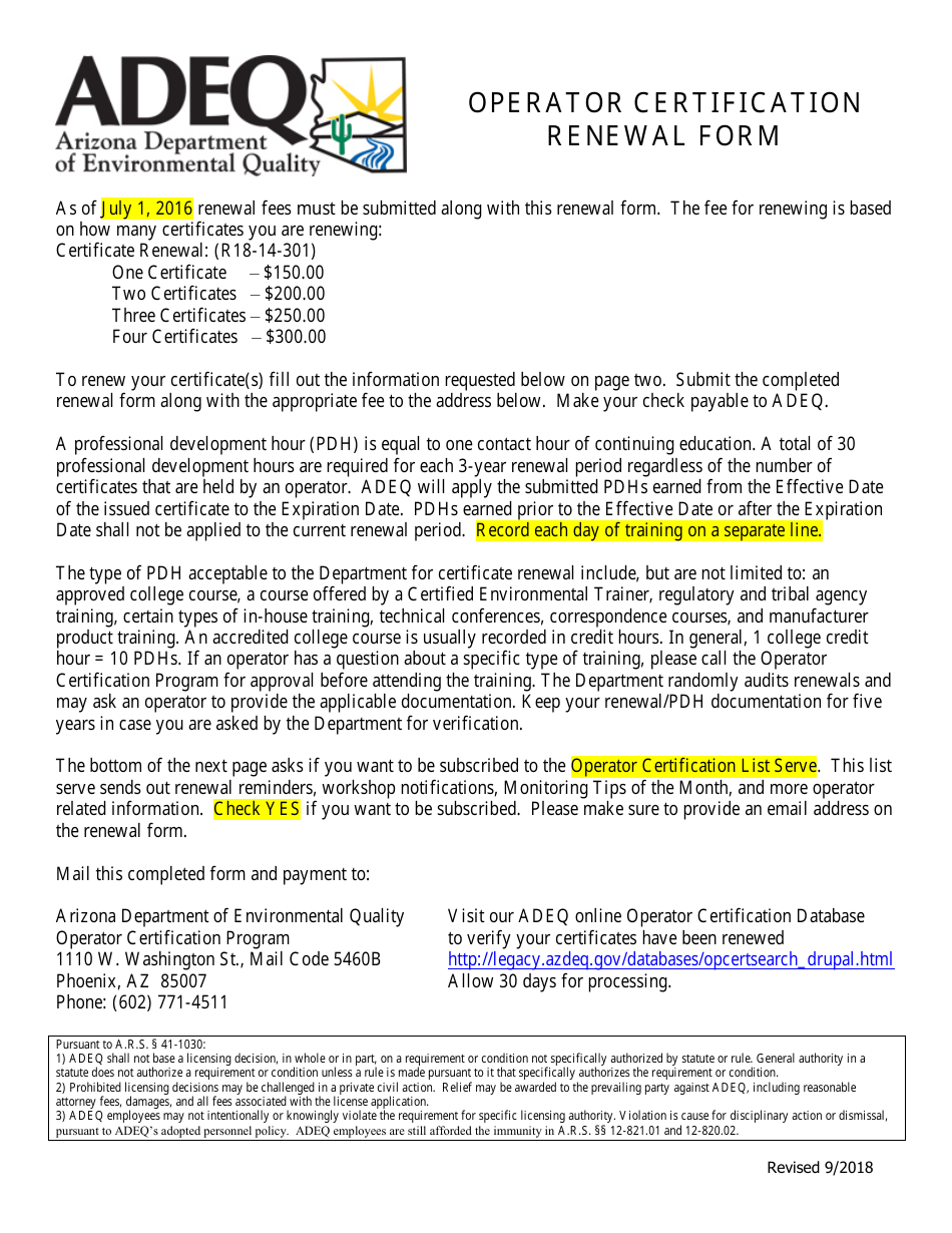 Operator Certification Renewal Form - Arizona, Page 1