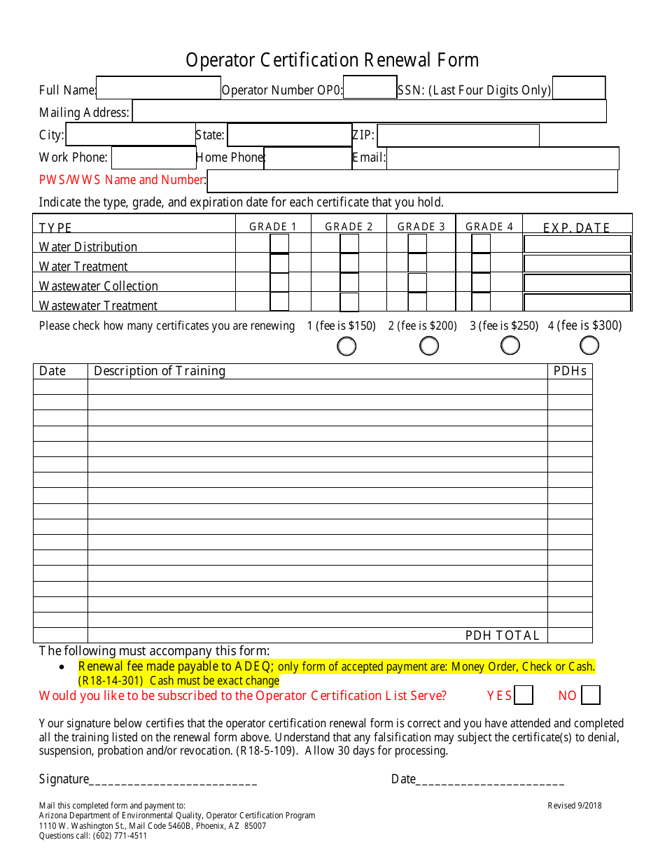 Arizona Operator Certification Renewal Form Fill Out Sign Online and