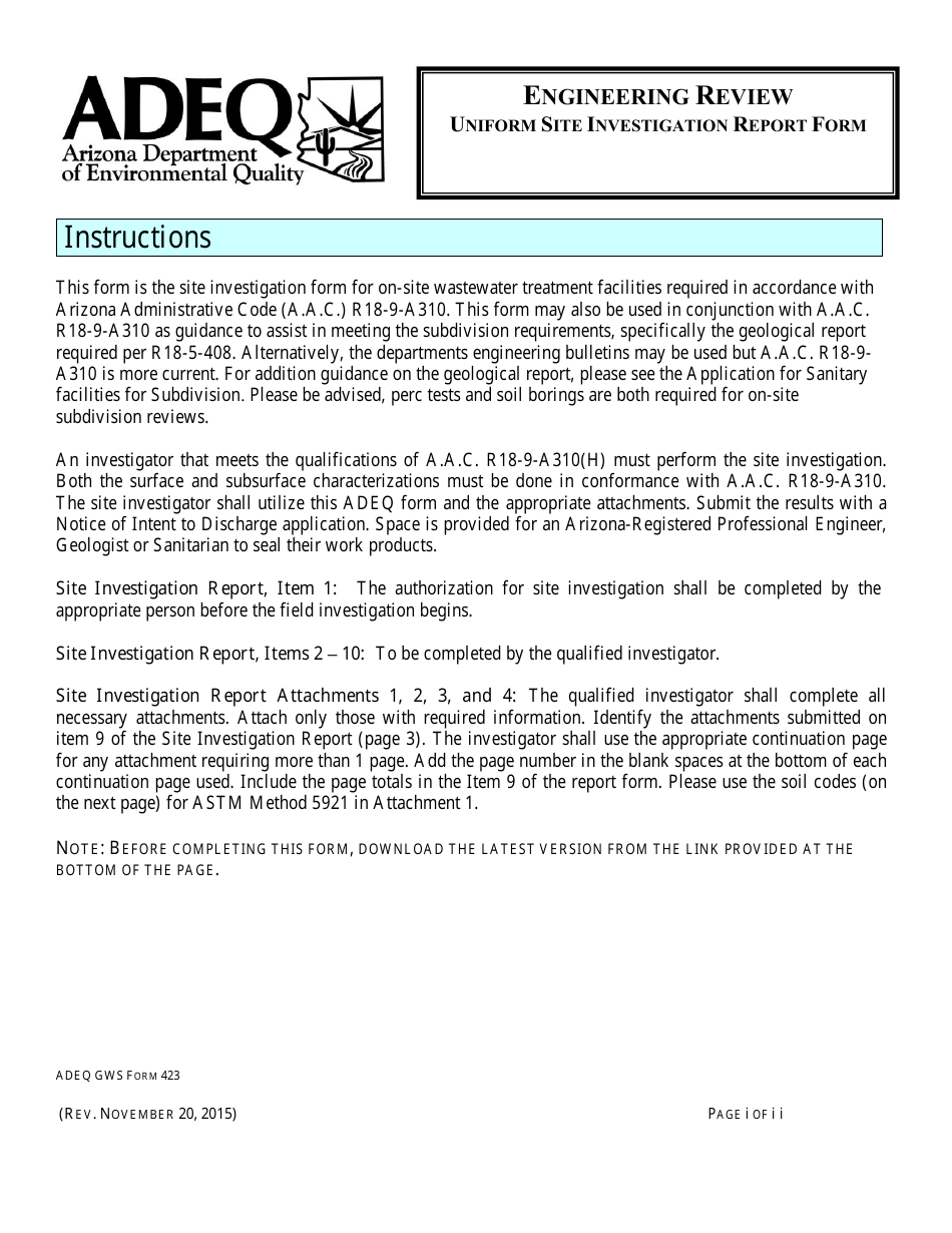 ADEQ Form GWS423 Engineering Review - Uniform Site Investigation Report Form - Arizona, Page 1