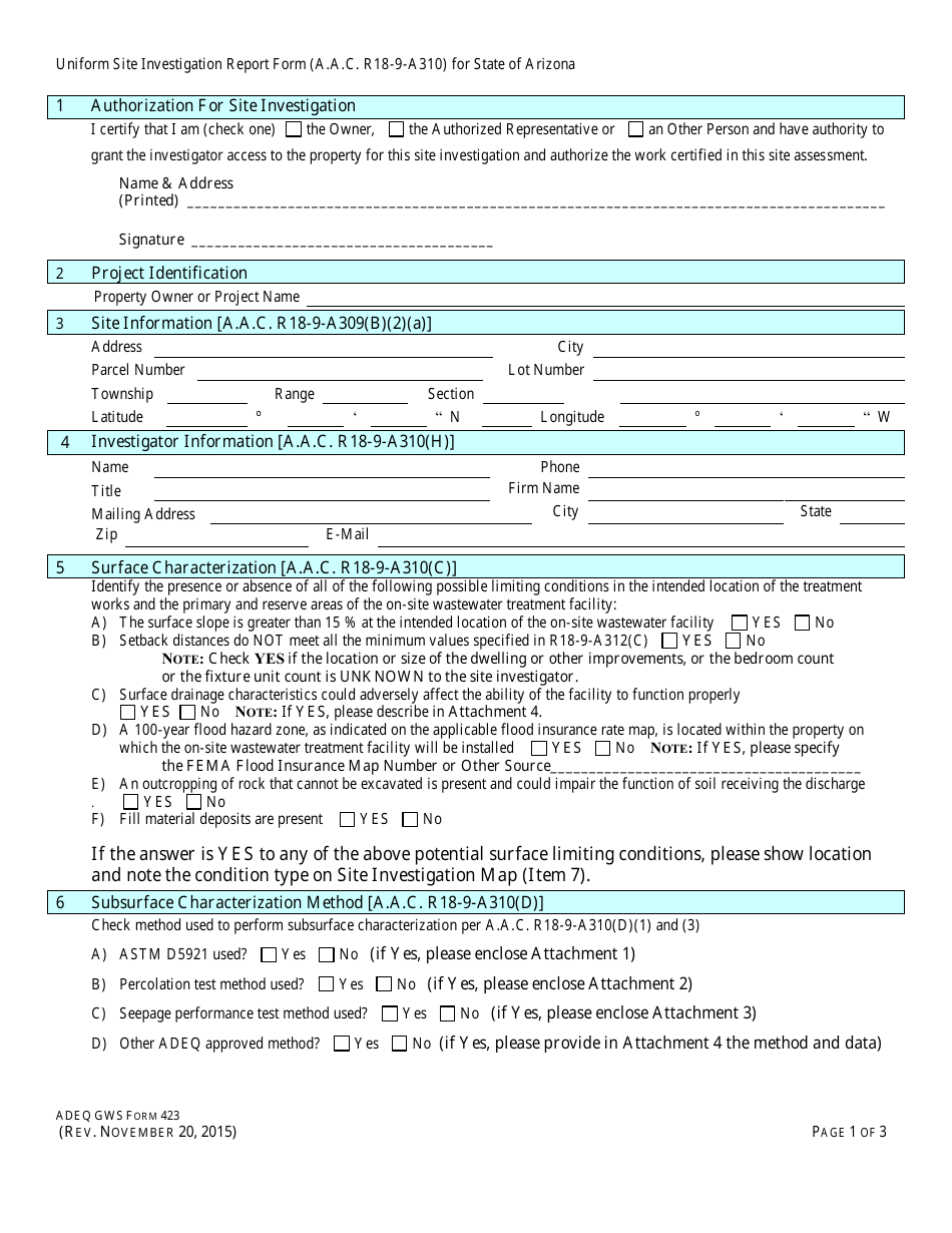ADEQ Form GWS423 Engineering Review - Uniform Site Investigation Report Form - Arizona, Page 3