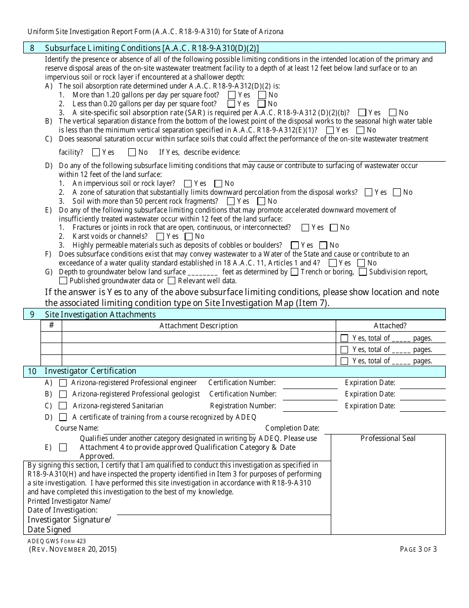 ADEQ Form GWS423 Engineering Review - Uniform Site Investigation Report Form - Arizona, Page 5
