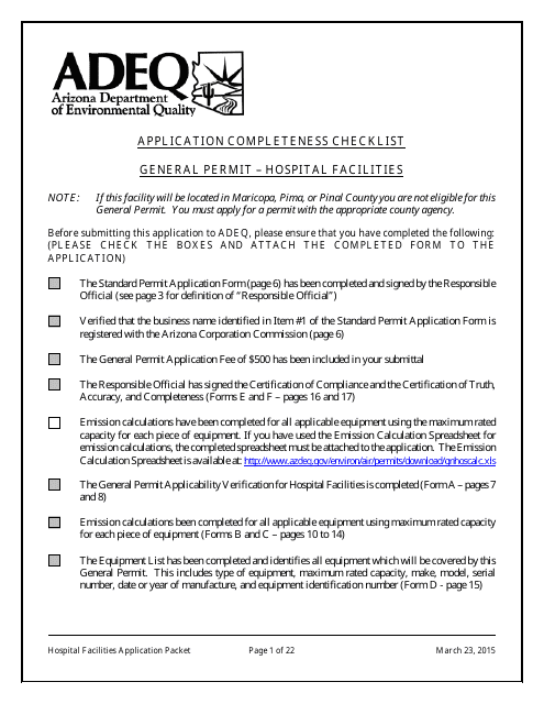 General Permit Application Packet for Hospital Facilities - Arizona Download Pdf