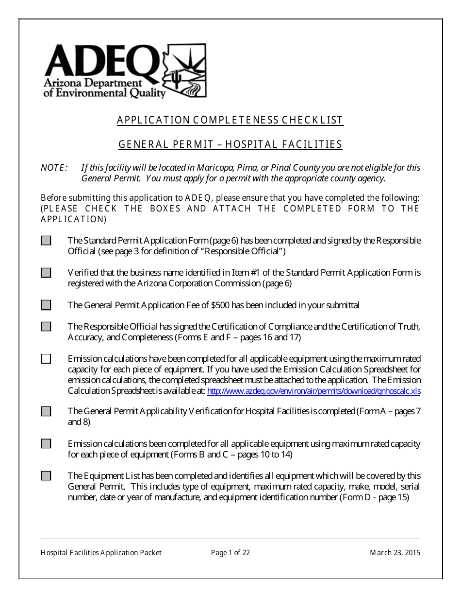 General Permit Application Packet for Hospital Facilities - Arizona, Page 1
