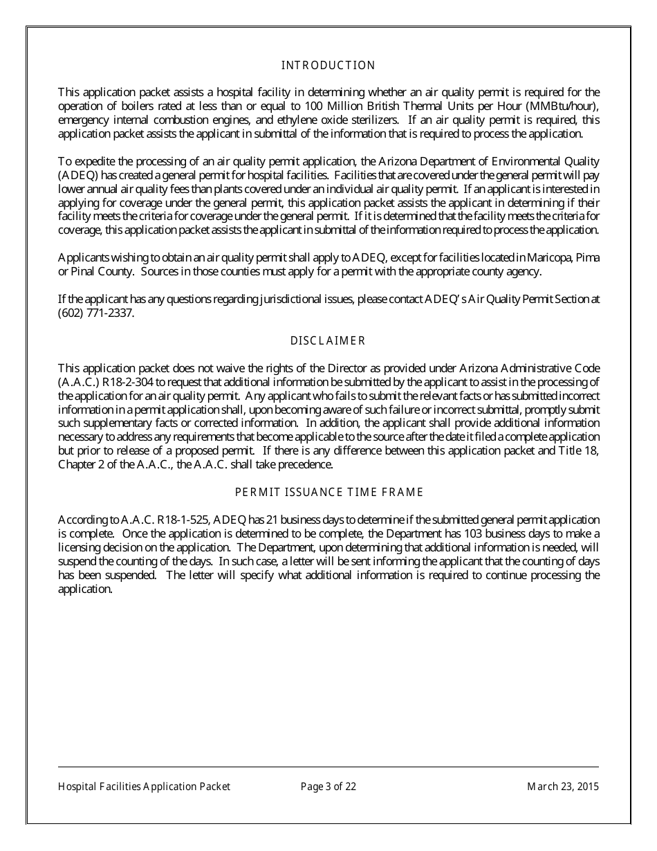 General Permit Application Packet for Hospital Facilities - Arizona, Page 3
