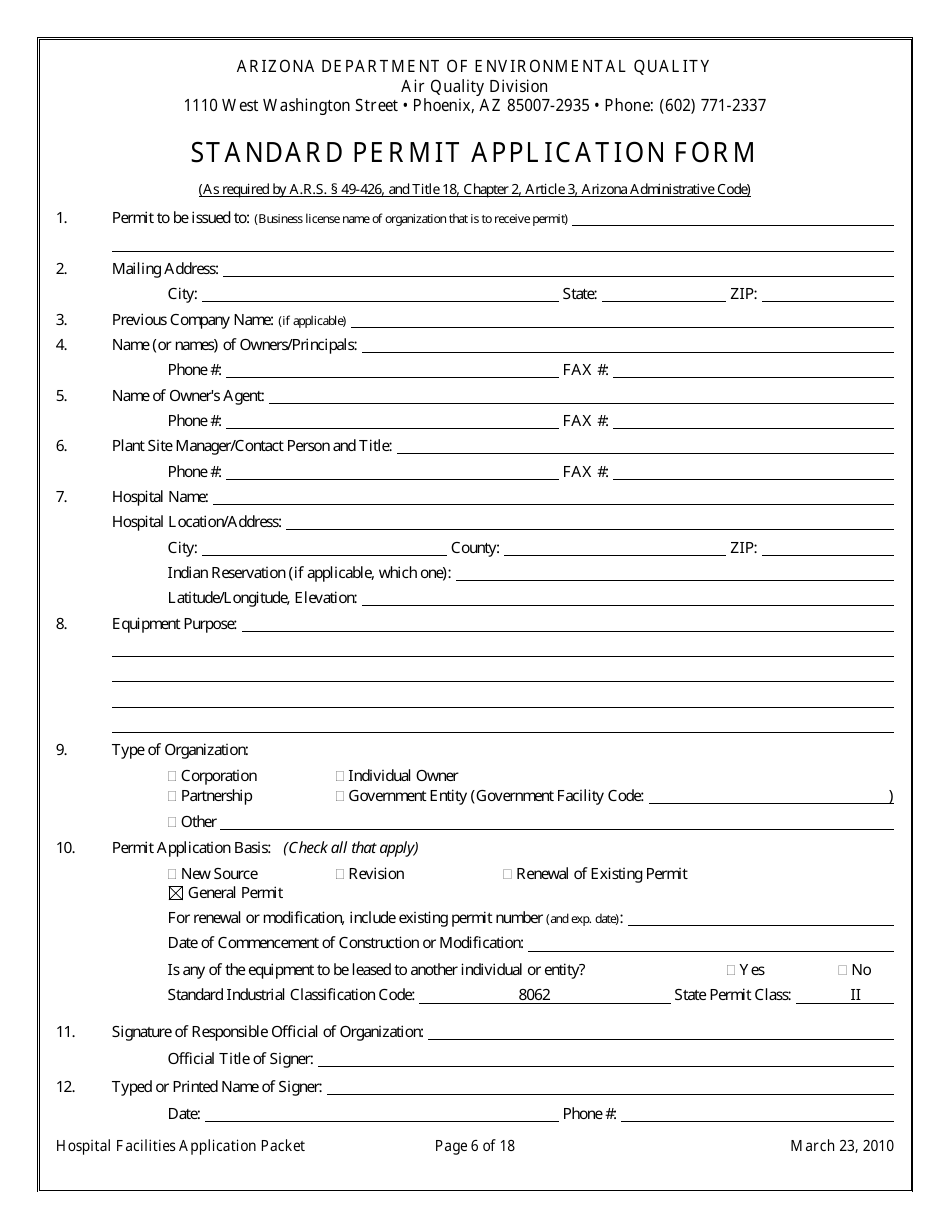 General Permit Application Packet for Hospital Facilities - Arizona, Page 6