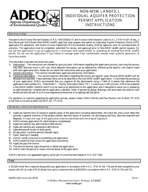 ADEQ Form P&PRU Non-msw Landfill Individual Aquifer Protection Permit Application - Arizona