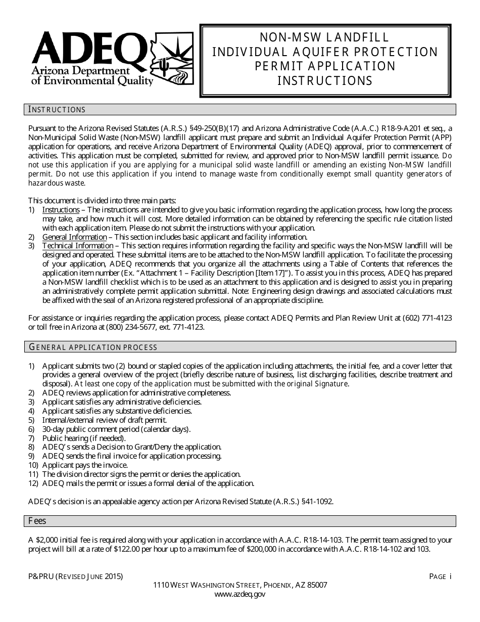 ADEQ Form PPRU Non-msw Landfill Individual Aquifer Protection Permit Application - Arizona, Page 1